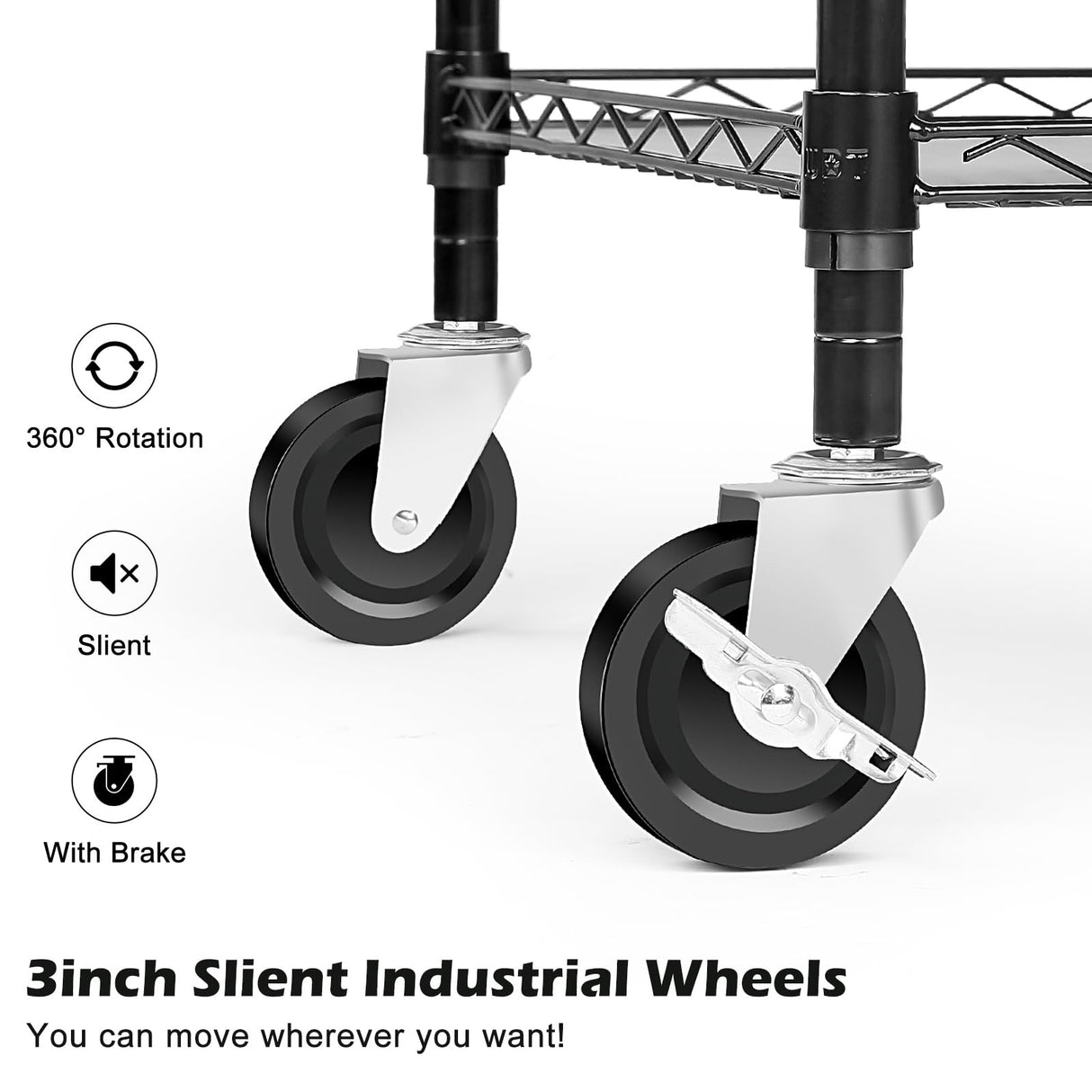 WDT Heavy Duty 3 Tier Utility Cart,Wire Rolling Cart with Wheels, Commercial Grade Service Cart with Shelving Liners and Handle Bar Metal Carts for Kitchen Office Hardware (750LBS Capacity Black) WDT