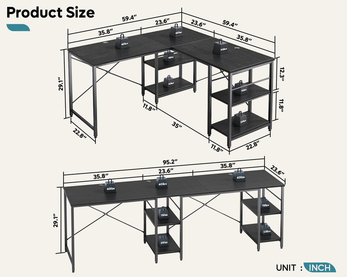 Bestier 95.2” L Shaped Desk, Reversible Corner Computer Desk or 2 Person Long Table with Adjustable Shelves, Large Writing Study Workstation with 3 Cable Holes - Black Bestier