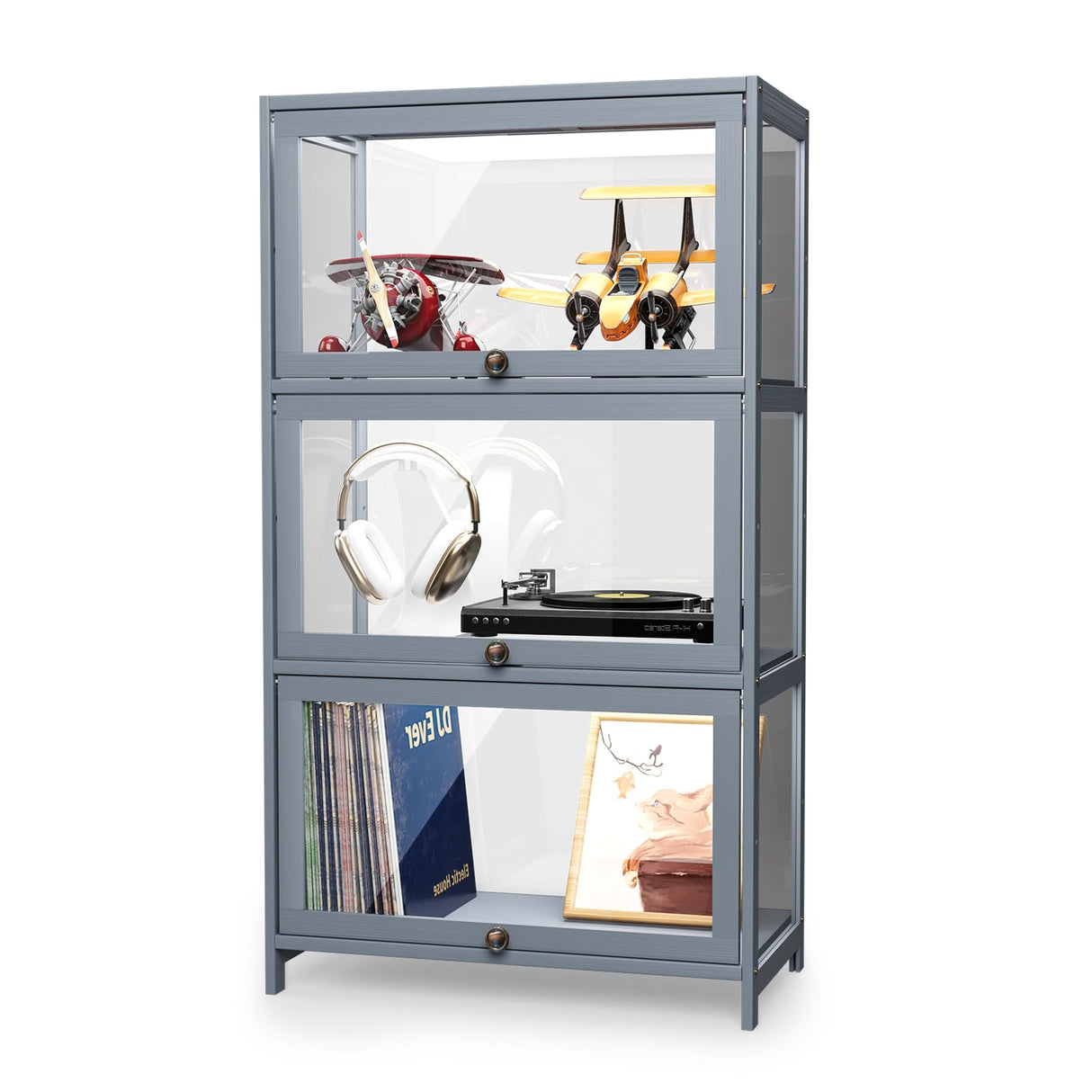 Athena Collection Curio Display Cabinet with Acrylic Doors, 3-Tier Clear Display Case 42” Hight Display Shelf for Trophy Figures Curio Collectibles for Living Room Bedroom, Grey Athena Collection