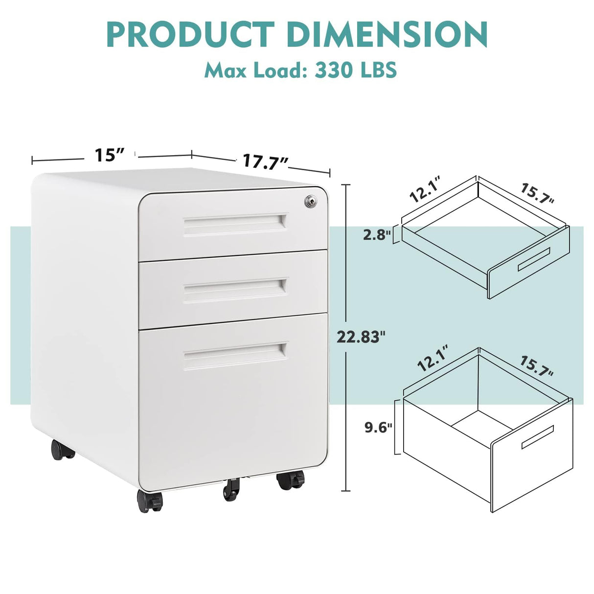 MIIIKO Mobile Filing Cabinet 3 Drawer, White Small File Cabinet with Lock Under Desk, Filing Cabinet for Home Office with Wheels, A4/Letter/Legal Hanging File Folders MIIIKO