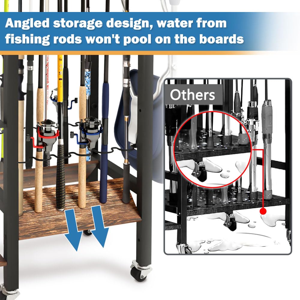 3-Tier Fishing Rod Holder, Garage Fishing Rod Rack, Fishing Rod Organizer for 12 Rods, Space Saving Fishing Pole Storage System for Garage Boat RV Basement, with Wheels Hooks and Storage Bag COLCUT