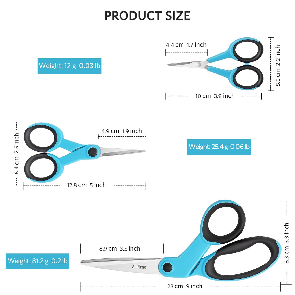 Asdirne Fabric Scissors, Scissors Set with Sharp Stainless Steel Blade and Soft Handles, Including Sewing Scissors, Craft Scissors and Embroidery Scissors, 3PCs, Blue/Black Asdirne