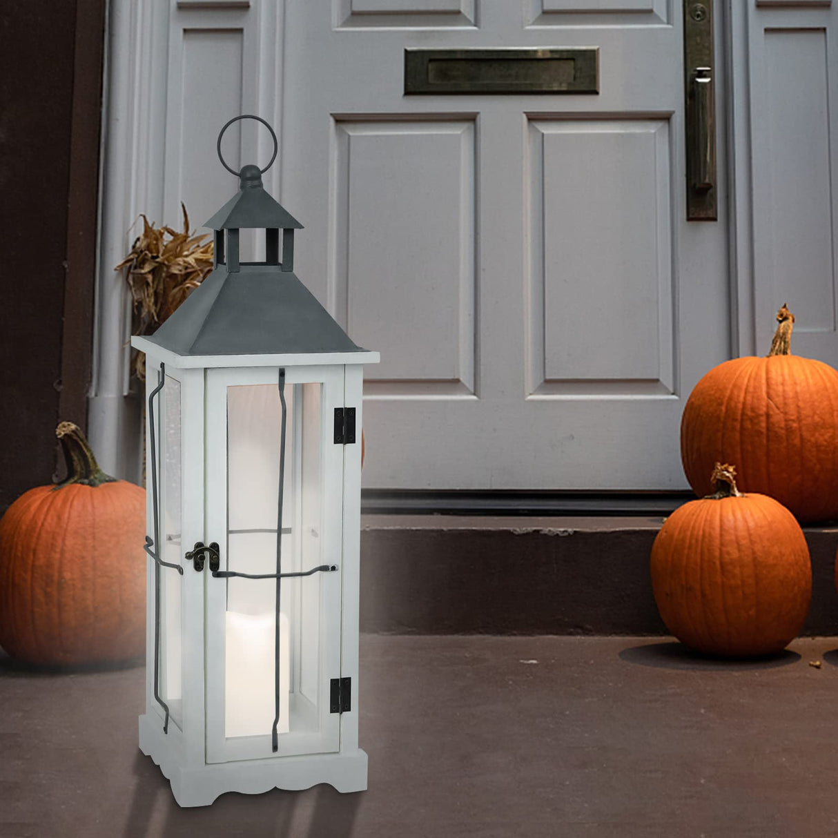 Bdor 2 Pack 26in Farmhouse White Waterproof Wood Metal Decorative Lanterns with Remote Control, Timer, Tempered Glass, Flameless Pillar Candles, Decorative Lanterns for Front Porch, Wedding Bdor