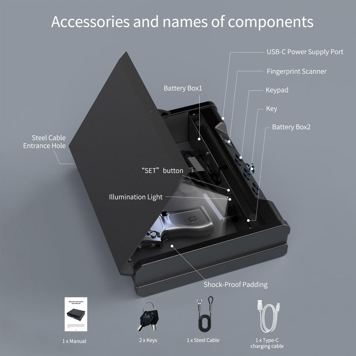 Biometric Handgun Safe with Fingerprint, Digital PIN and Key Access, 2 Gun Capacity,Hand Gun lock box for Car Cloakroom living room Bedroom and Nightstand,USB Power Backup. kawsword