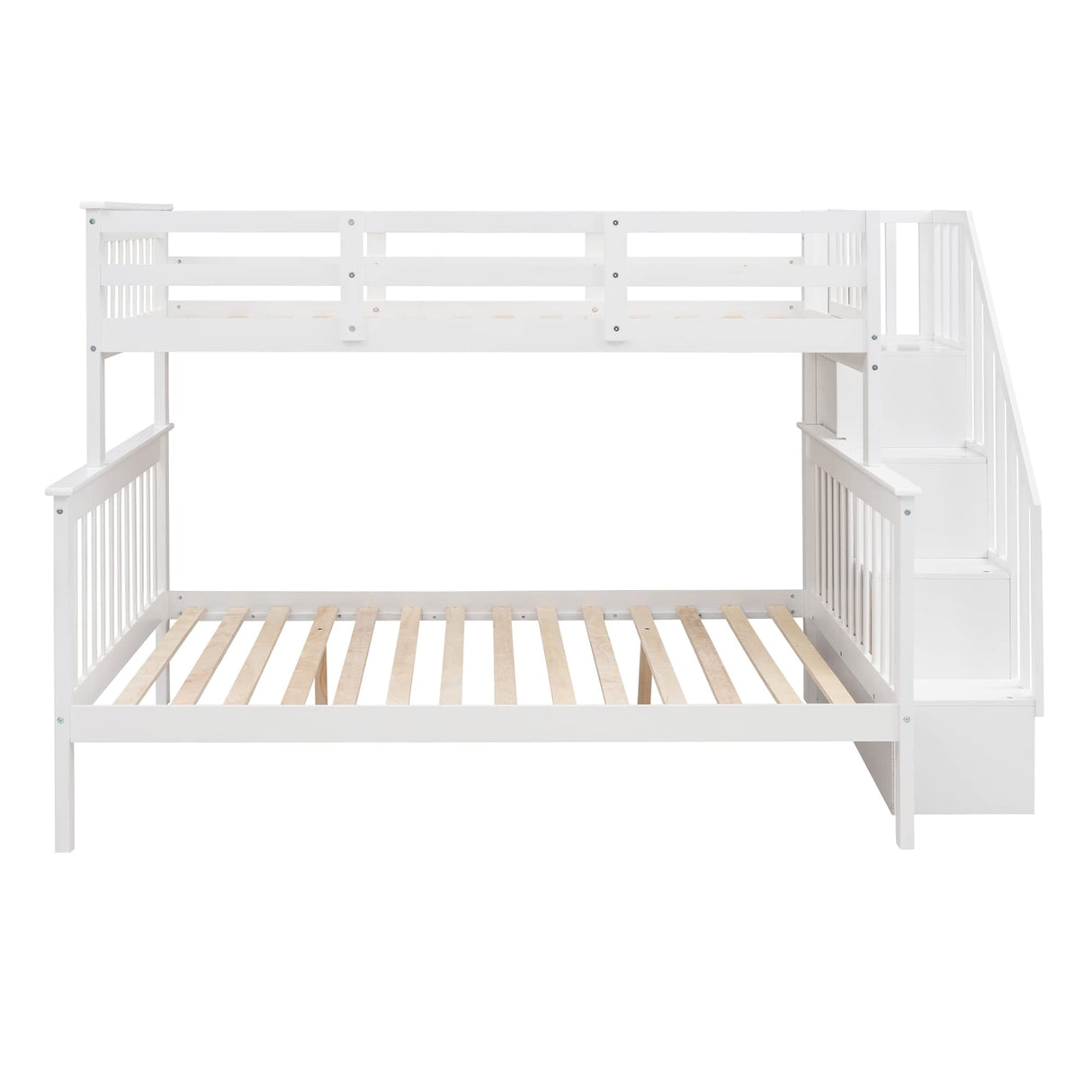 Ball & Cast Twin Over Full Bunk Bed with Storage Ladder and Full-Length Guardrails,Wooden Bunkbed w/Slat Support & into Two Individual Beds,Bedframe Furniture for Student Dorms,Guest Rooms,White Ball & Cast