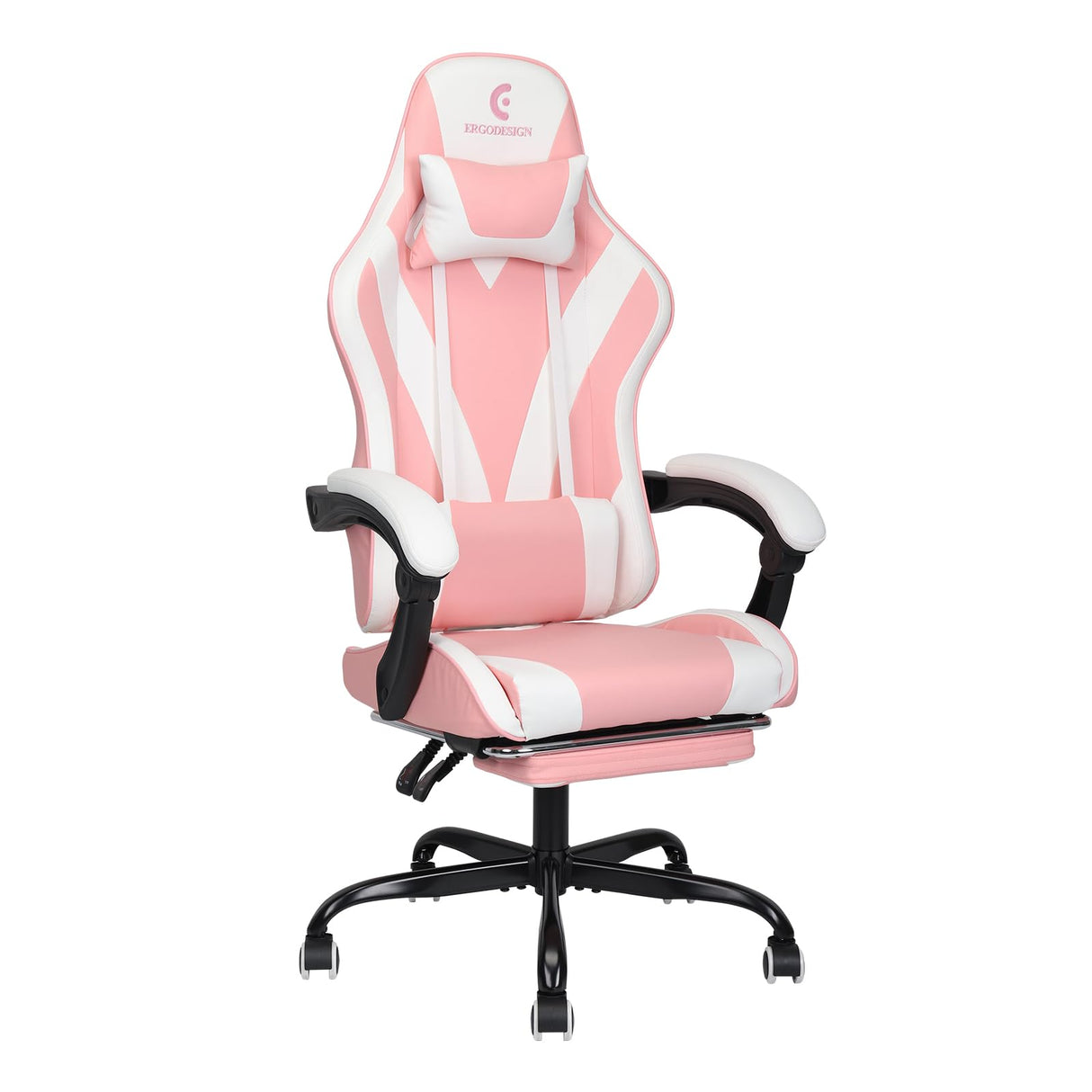 ErgoDesign Gaming Chair with Linkage Armrest & Footrest, High Back Video Gaming Chair, Pink/White ErgoDesign