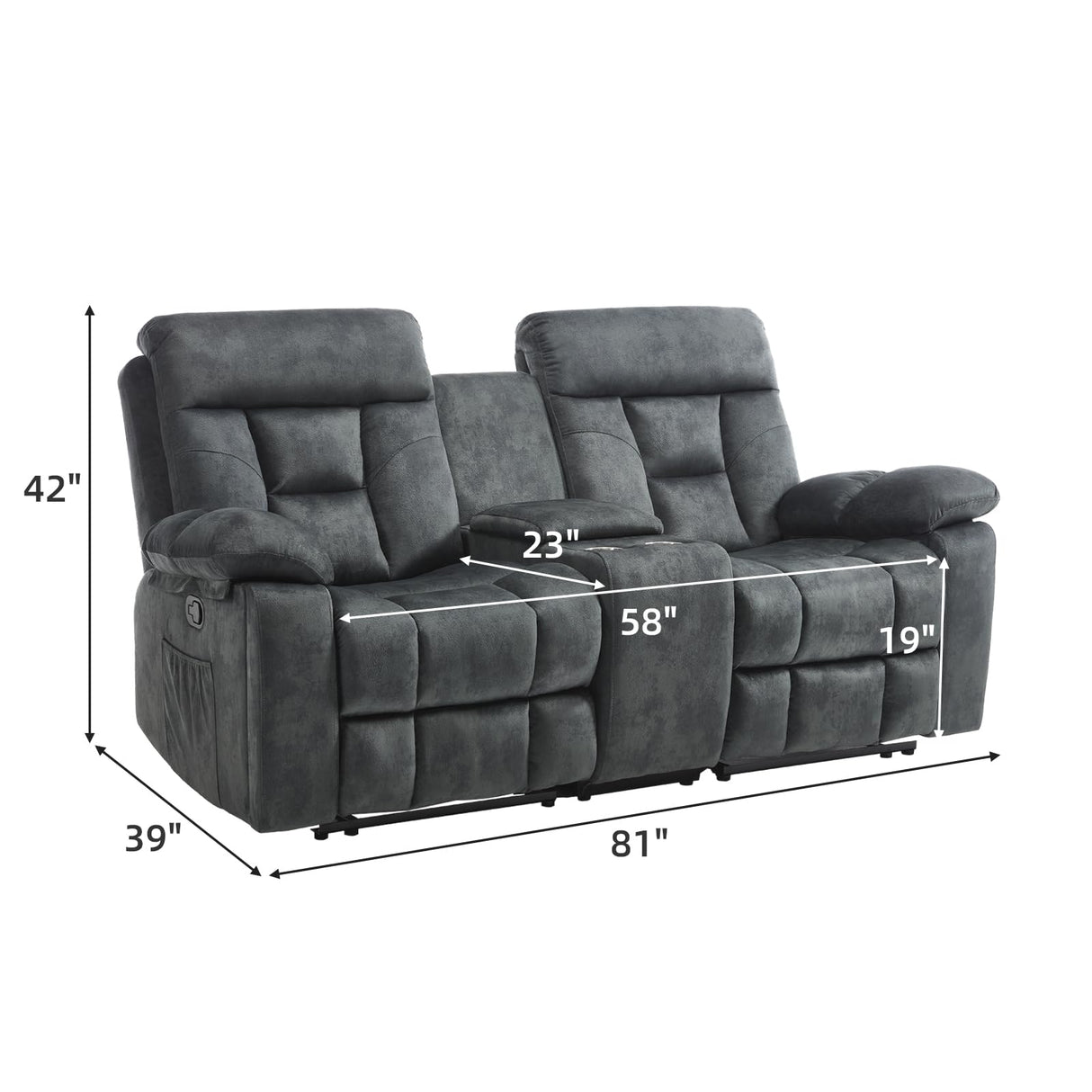 EBELLO Loveseat Recliner Sofa for Living Room, Extra Wide Modern Overstuffed 2 Seat Reclining Manual Sofa Chair, with Hidden Armrest Cup Holders, Breathable Fabric, Grey EBELLO