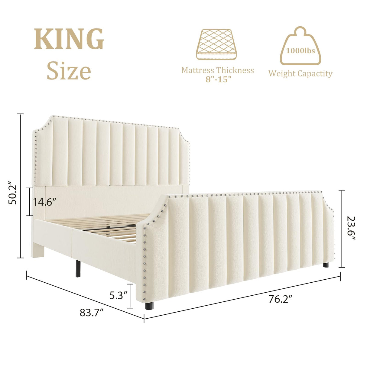 GarveeHome King Size Velvet Bed Frame, 50.2 in Tall Headboard & Footboard, Upholstered Platform King Bed Frame with Nailhead Trim, No Box Spring Needed, Noise Free, Solid Wooden Slats, Beige GarveeHome