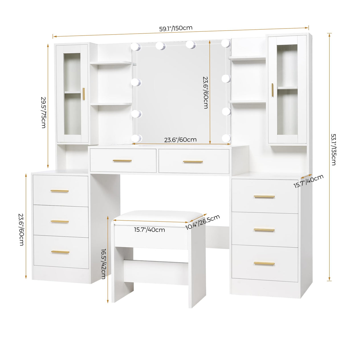 ANWBROAD 59.1" Large Vanity Desk Table with Mirror & Lights White Makeup Vanity with Power Outlet and 8 Drawers 2 Cabinets 3 Lighting Modes Adjustable Vanity Table for Bedroom Dressing Room UBDT67W ANWBROAD