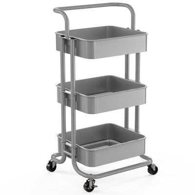 Pipishell 3 Tier Mesh Utility Cart, Rolling Metal Organization Cart with Handle and Lockable Wheels, Multifunctional Storage Shelves for Kitchen Living Room Office Grey