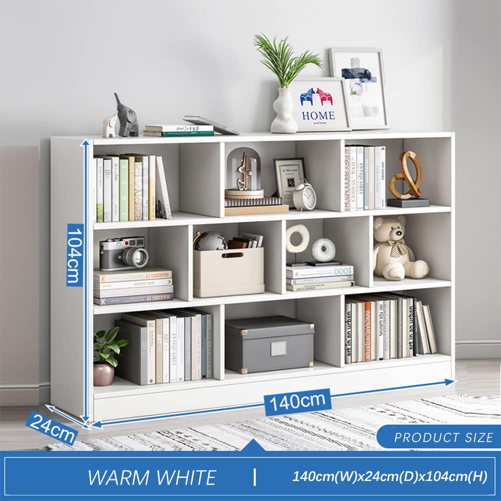 IOTXY Open Shelf Low Bookcase - Wooden 3-Tier Floor Standing Display Cabinet Organizer with Base, 10 Cubes Short Horizontal Bookshelf in Warm White IOTXY