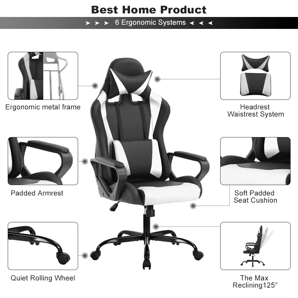 High Back Gaming Chair PC Computer Chair Office Chair for Adult Teen Kids, Ergonomic PU Leather Game Chair w/Lumbar Support Headrest Adjustable Rolling Swivel Desk Chair, White Dkeli