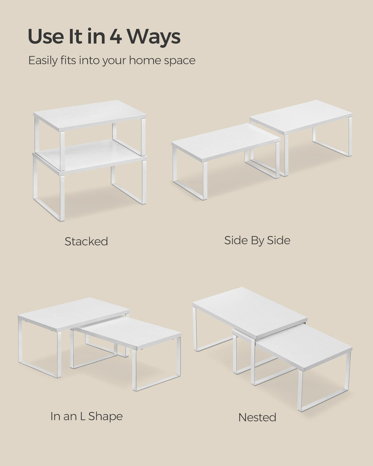 SONGMICS Cabinet Organizer Shelf, Set of 2 Kitchen Counter Shelves, Kitchen Storage, Spice Rack, Stackable, Expandable, Metal and Engineered Wood, Cloud White and Snow White UKCS02W01 SONGMICS