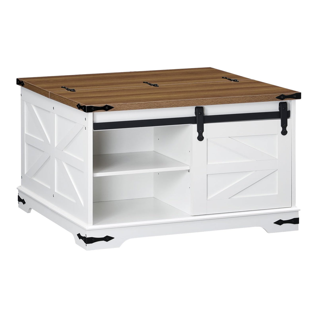 HOOBRO Farmhouse Coffee Table, Large Square Coffee Table for Living Room, Lift Top Coffee Table Square, Wooden White Coffee Table with Barn Door, Hidden Space, White and Walnut WH80KF01 HOOBRO
