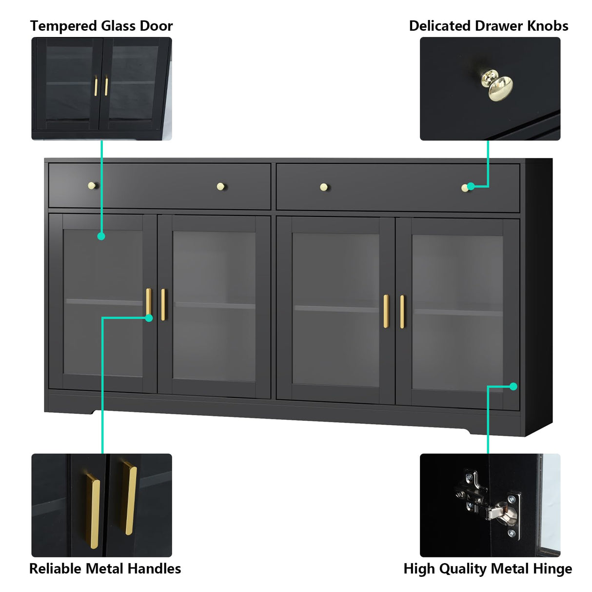 Sideboard Buffet Cabinet with LED Lights, 55.1 Storage Cabinet with 2 Large Drawers & 4 Glass Doors, Modern Kitchen Display Cabinet with Adjustable Shelves, Coffee Bar for Kitchen Living Room (Black) Gyfimoie