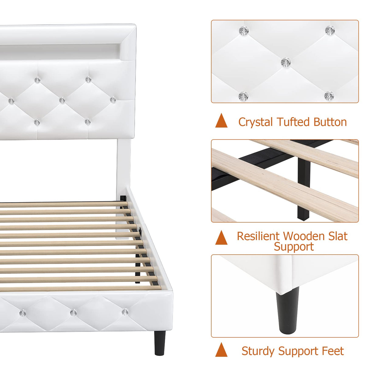 Keyluv Modern Upholstered Queen Bed Frame with LED Lights, Faux Leather Low Profile Platform Bed Frame, Adjustable Crystal Button Tufted Headboard, Strong Wood Slat Support, Easy Assembly, White Keyluv