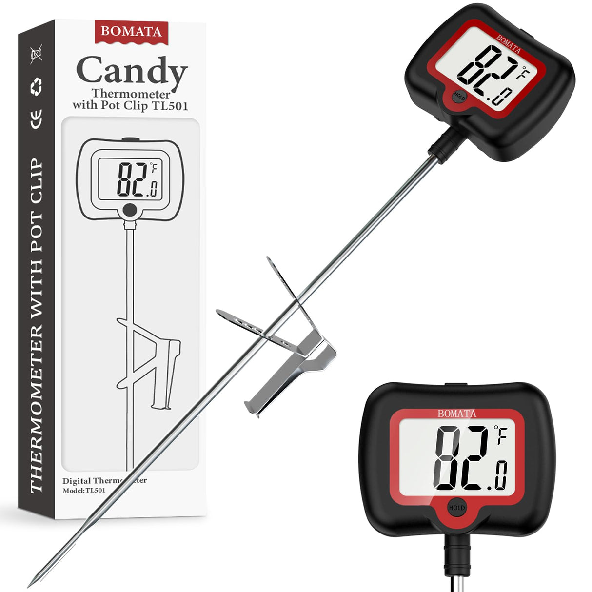 BOMATA Candy Thermometer with Pot Clip, Instant Read Cooking Thermometer with 8" Long Probe, Rotating Display, for Candy Making, Food, Candle Making, Liquids, Water, Baking, Sugar, Grilling. Black BOMATA