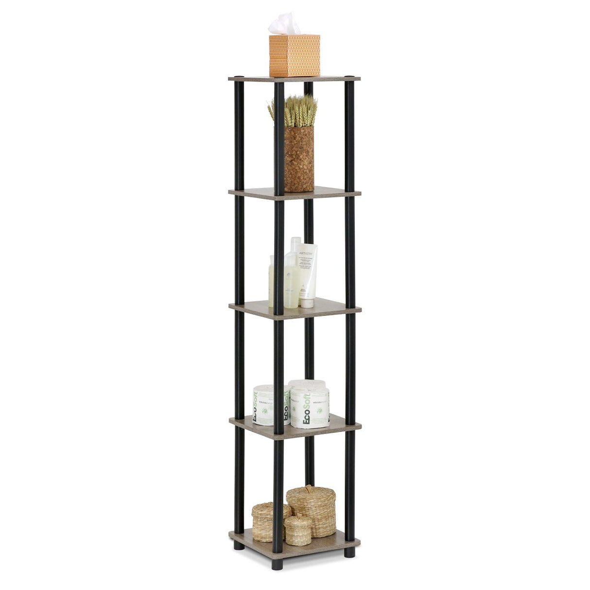 FURINNO Turn-N-Tube 5-Tier Corner Square Rack Display Shelf, Round, French Oak Grey/Black Furinno