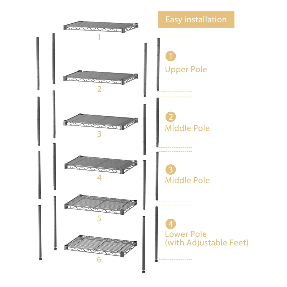SINGAYE 6 Shelves Bathroom Organizers and Storage Shelf Wire Closet Metal Pantry Kitchen Small Garage Shelving Unit Laundry Room Organization Home Tall Rack Balck 10" D x 16" W x 60”H SINGAYE