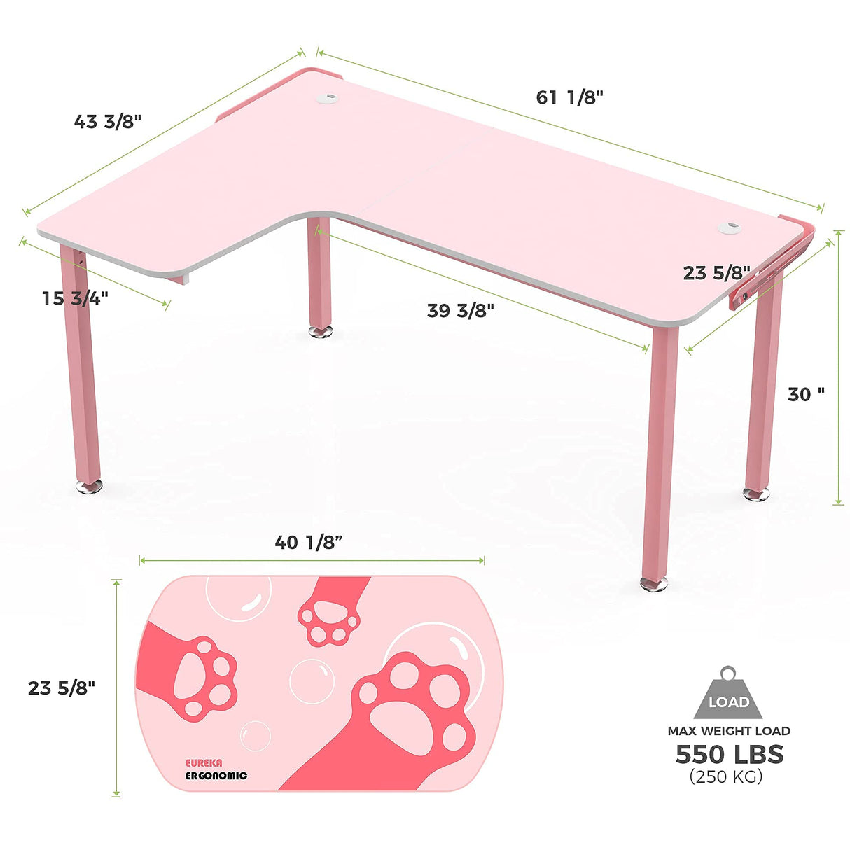 EUREKA ERGONOMIC Gaming Desk,60 Inch Pink L-Shaped Computer Desk, Corner Desk Gamer Desk Game Table with Free Mouse Pad for Girls Home Office Wood & Metal Space-Saving,Easy to Assemble,Pink EUREKA ERGONOMIC