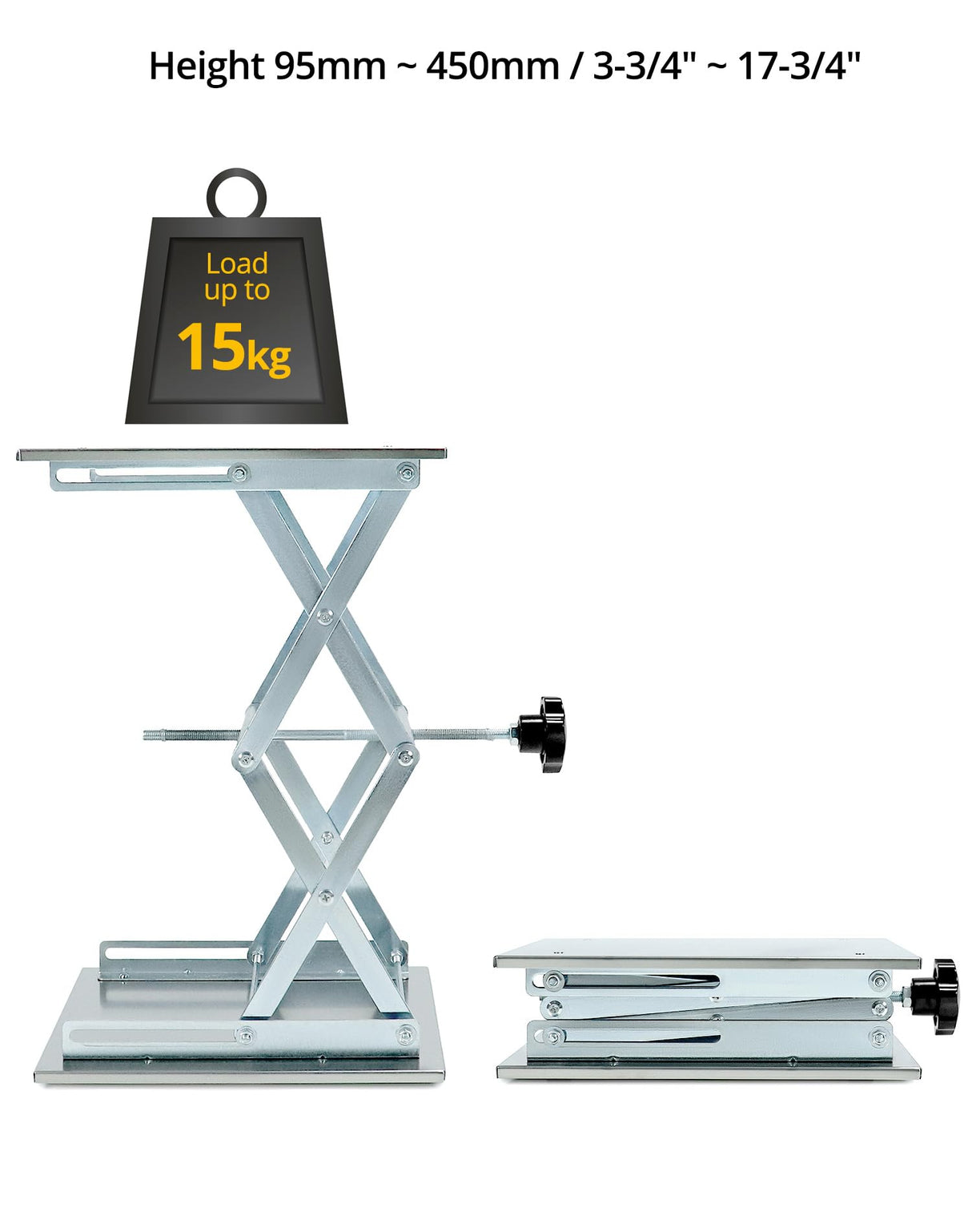 QWORK Lift Tables, 12"x12" Lab Scissors Jack, 304 Stainless Steel Scissor Stand, 18" Height 55lbs Load Jack Platform, Lifting Platform QWORK