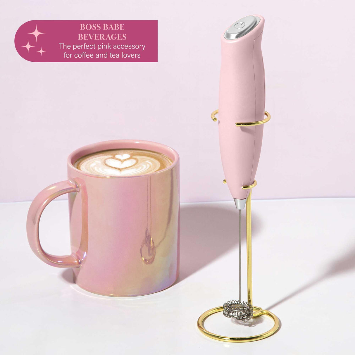 Paris Hilton Electric Handheld Milk Frother with Double Coil Head Whisk and Gold Metal Stand, Battery Powered (2 AA Batteries Required but Not Included), Pink Sparkle Finish Paris Hilton