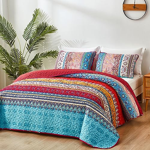 WONGS BEDDING Boho Quilt Set King Size, Bohemian Red Christmas Stripe 3 Pieces Bedspread Set Lightweight Microfiber All Season Christmas Bedding Coverlet Set for King Bed (104"x90") WONGS BEDDING
