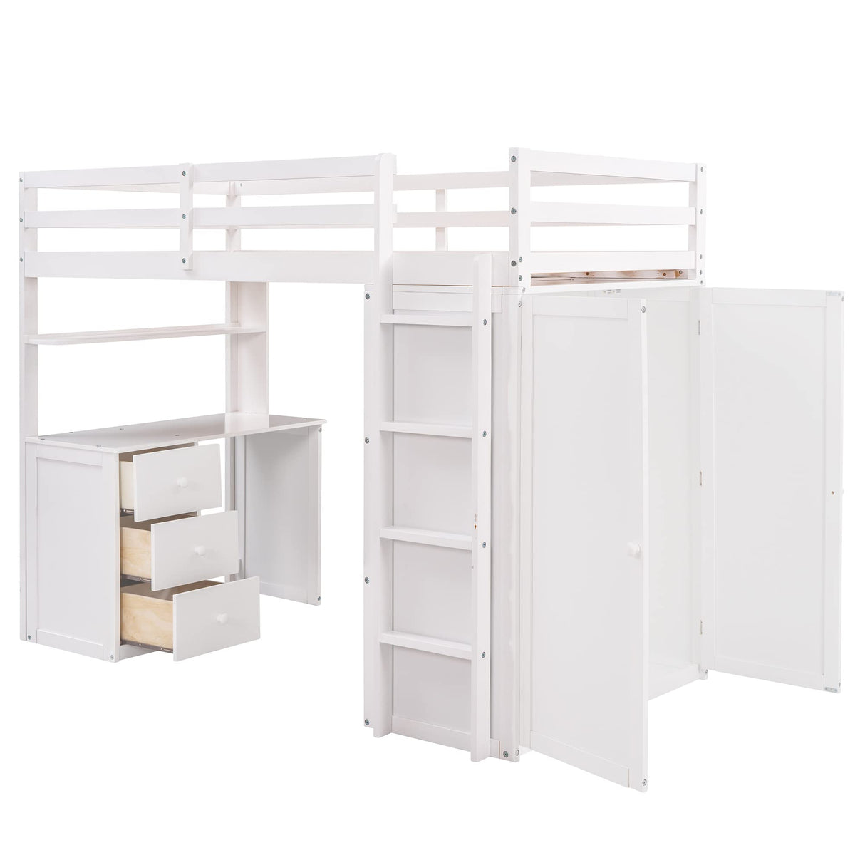Stylish Twin Loft Bed with Desk and Wardrobe for Kids and Teens, White Wood Frame with Storage Drawers Harper & Bright Designs