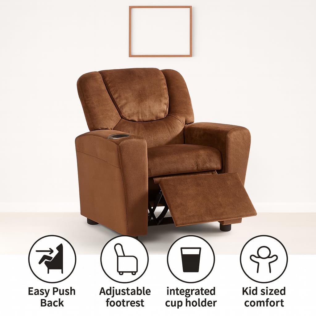 Naomi Home Suri Kids Recliner Chair with Cup Holder & Footrest, Brown Microfiber - Cozy Lounge for Toddlers & Children Naomi Home