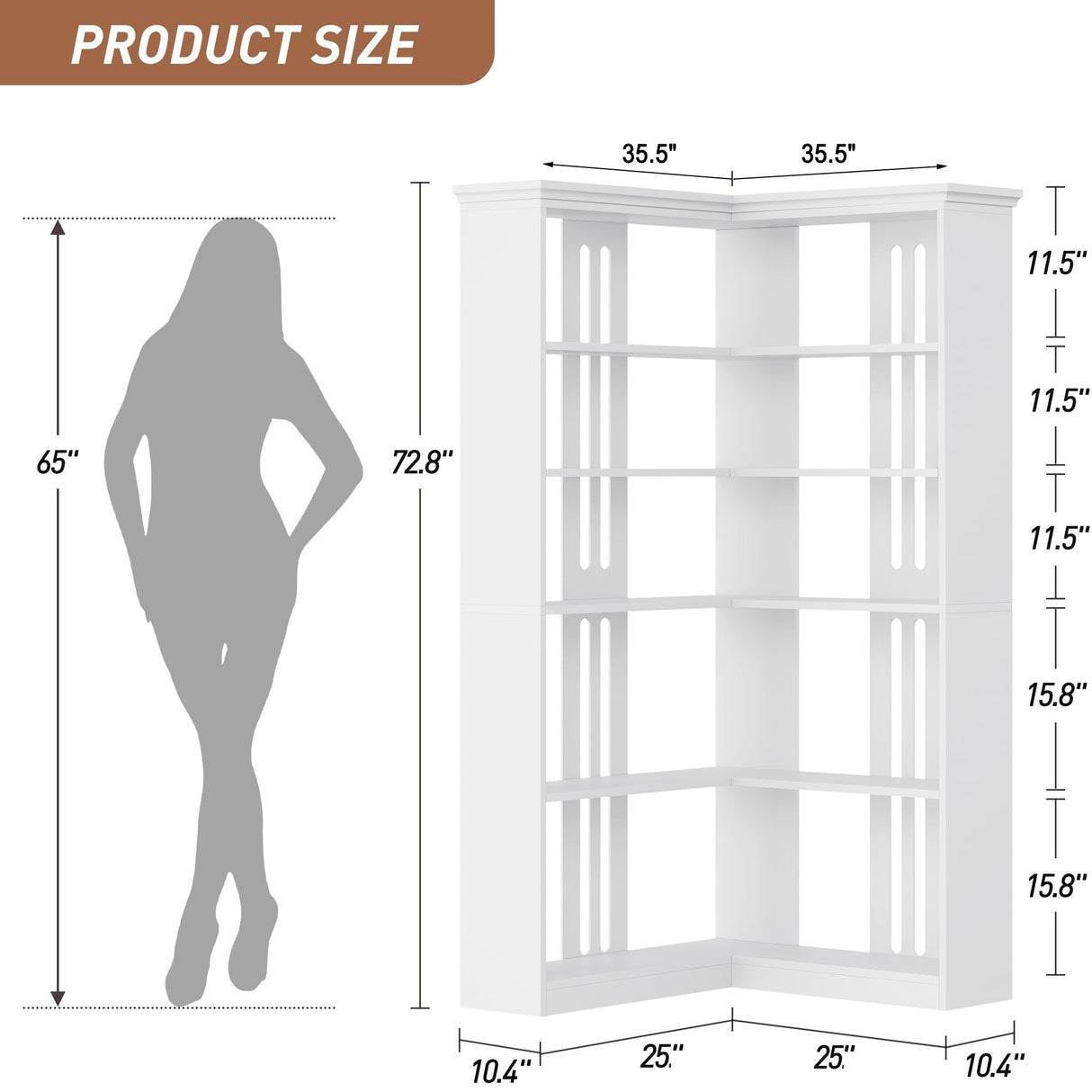 IDEALHOUSE Corner Bookshelf 72.8in Farmhouse Bookcase Large Bookshelves Wood Bookcase Tall 5 Tier Corner Shelf L Shaped Bookshelf Storage Display Rack Living Room Bedroom (White, Half Panel) IDEALHOUSE