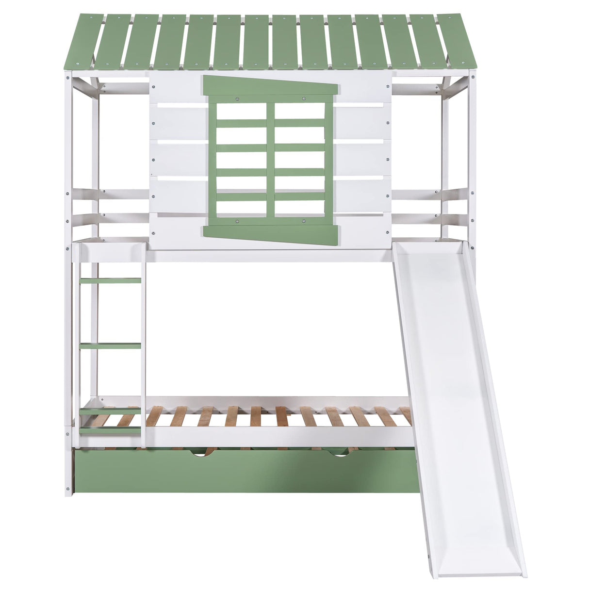 Harper & Bright Designs House Bunk Bed with Convertible Slide and Trundle, Solid Wood Bunk Bed Twin Over Twin, for Kids Girls Boys (White+Green) Harper & Bright Designs