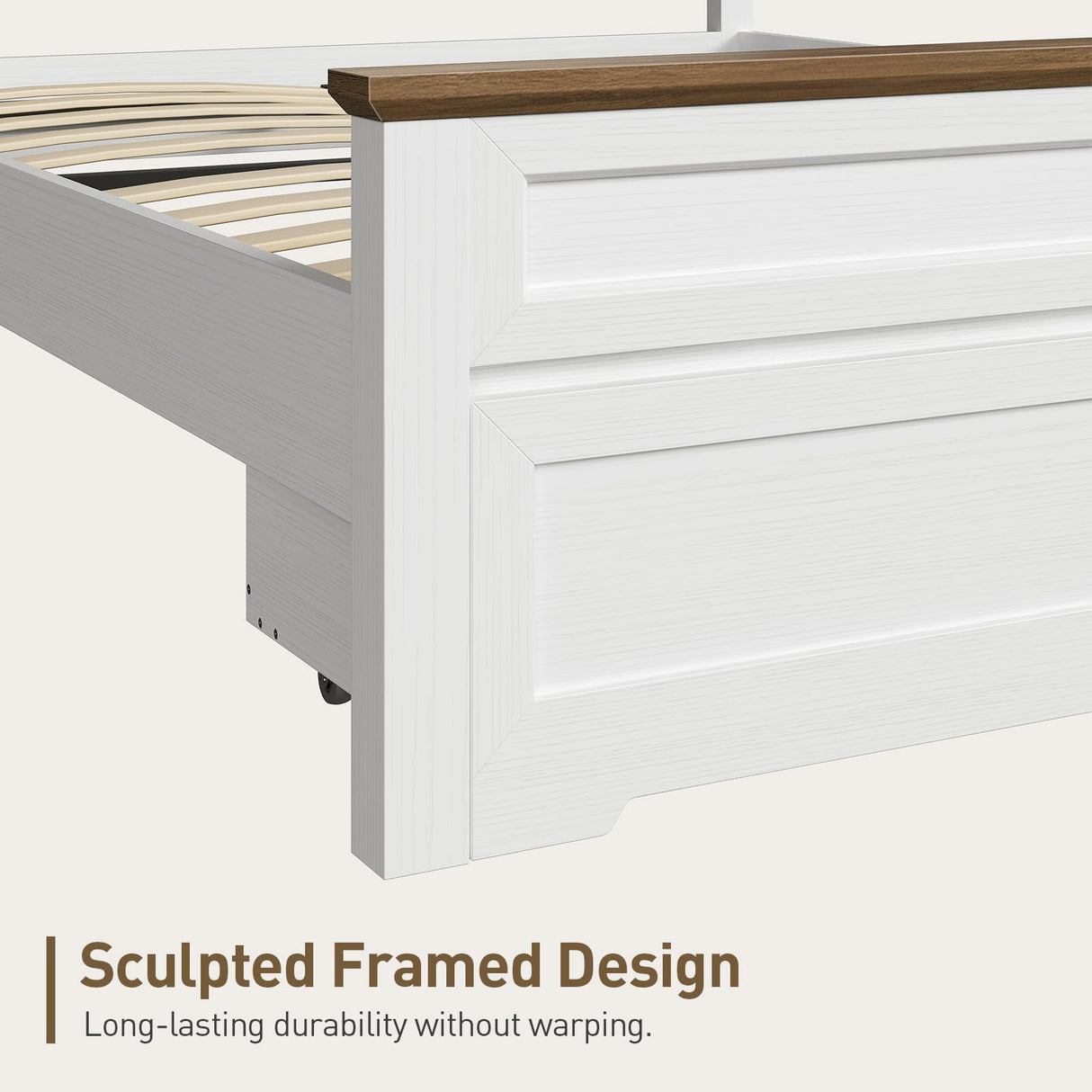 RALGEND Farmhouse Full Size Bed Frame with 51.2" Tall Headboard & Footboard, Wooden Platform Bed Frame with Large Storage Drawers, No Squeak, No Box Spring Needed, White and Walnut RALGEND
