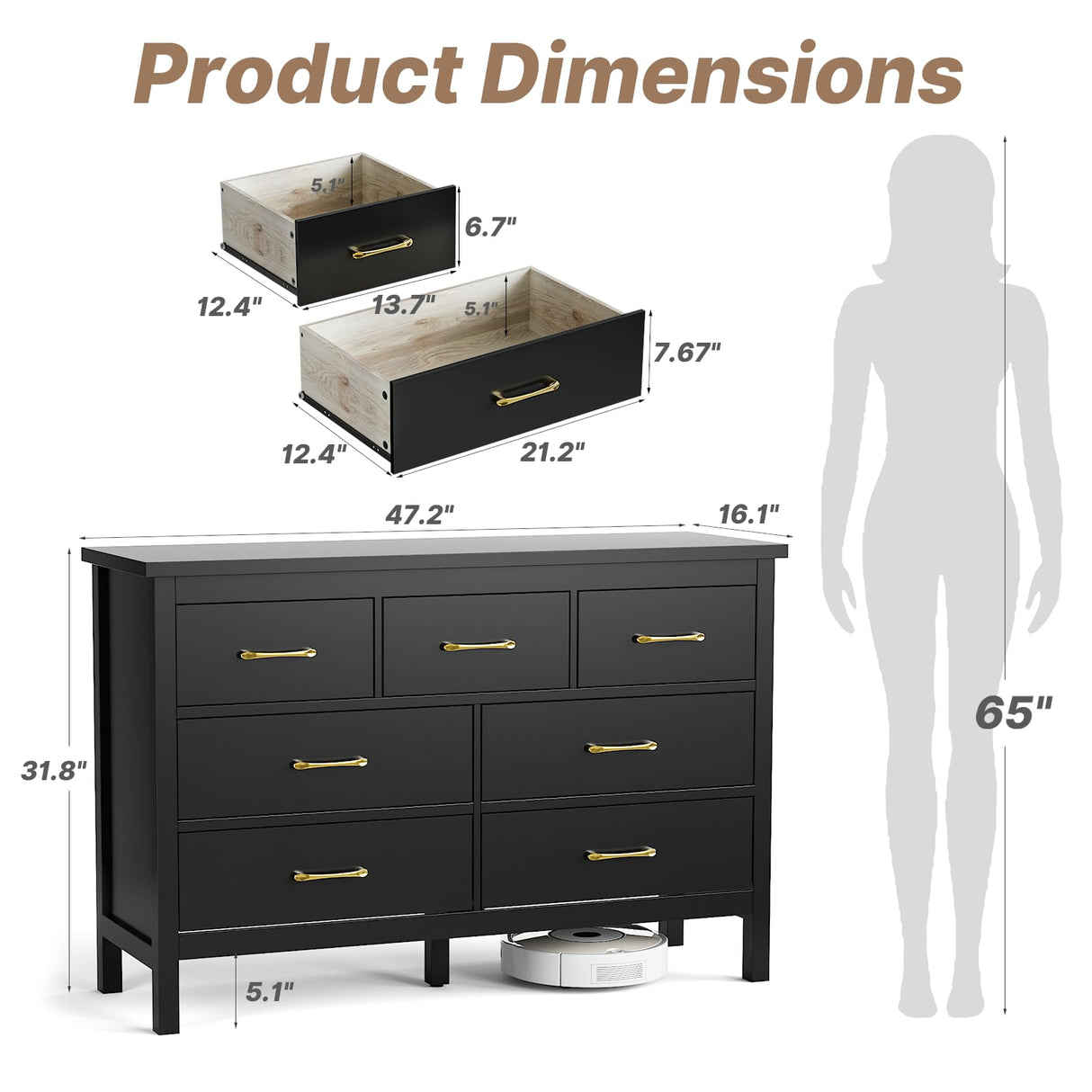 LYNSOM Black Dresser for Bedroom, 7 Drawer Dresser with Metal Handles, Modern Wood Chest of Drawers for Living Room, Entryway and Hallway LYNSOM