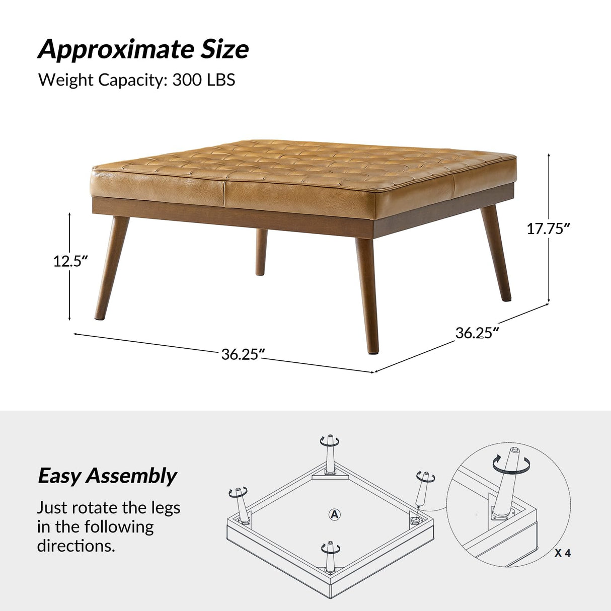 HULALA HOME Genuine Leather Square Coffee Table, Button Tufted Upholstered Ottoman Coffee Table with Solid Wooden Flared Legs, Mid-Century Modern Extra Seating for Living Room, Camel HULALA HOME