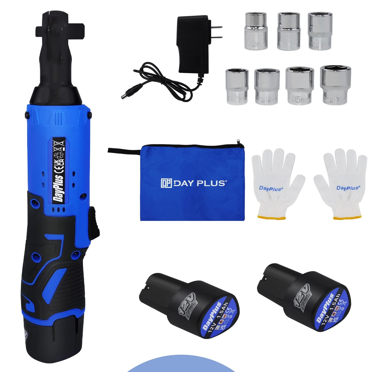 Qimu Cordless Electric Ratchet Wrench Set, 3/8" 12V Power Ratchet Driver Cordless Power Ratchet Tool Kit with 2 Packs 1500mAh Lithium-Ion Battery, 7 sockets and Charger, LED Light Qimu