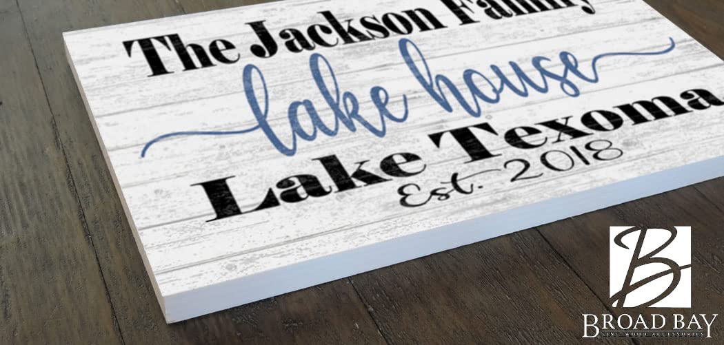 Custom Lake House Sign Personalized Name Gift or Decor for Summer Home - Solid Wood - 16.5in x 10.5in (Lake House Est. Date) Broad Bay