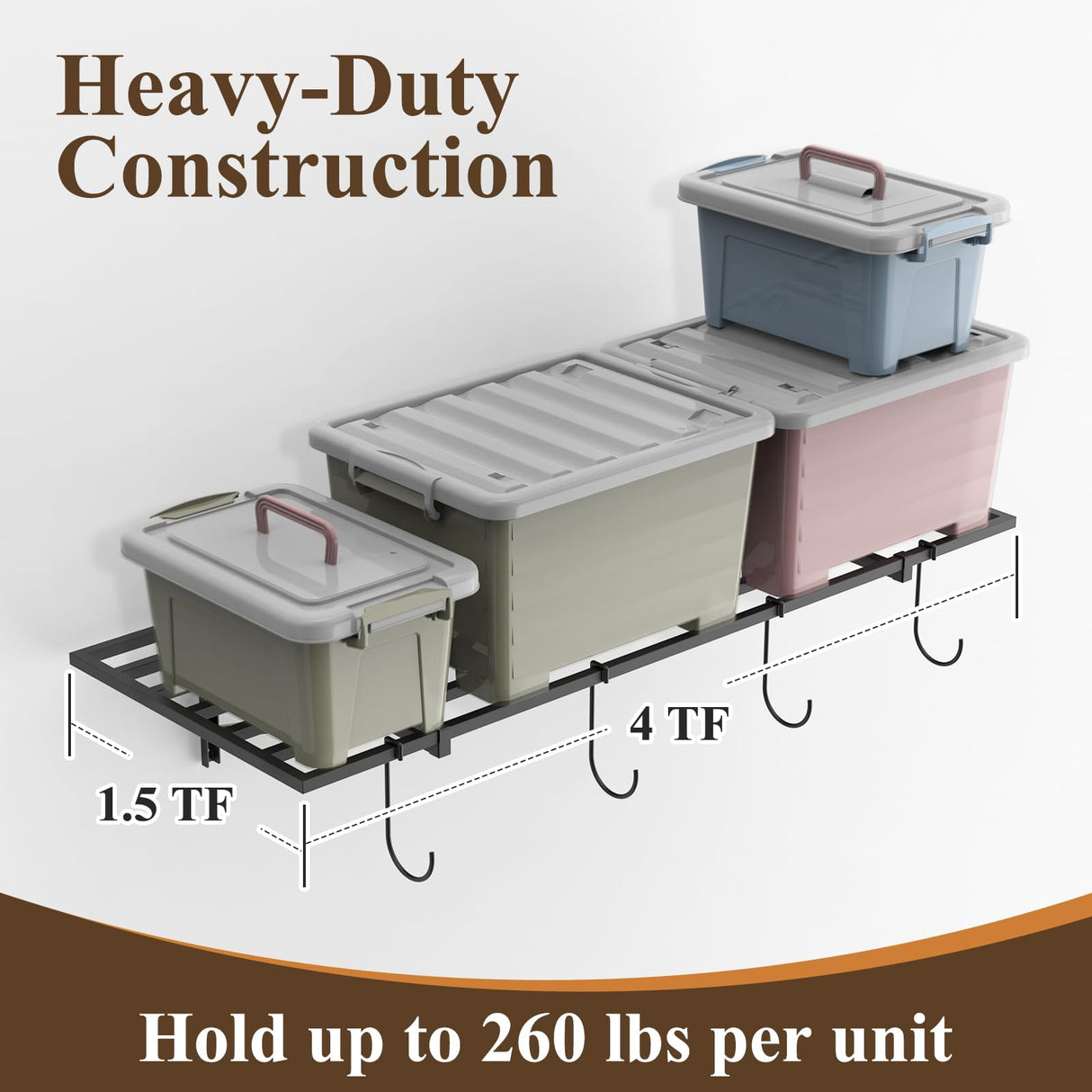 PEKGRIL Garage Wall Shelving Set of 2, 1.5X4 ft Garage Wall Shelves with 8 Hooks, Heavy Duty Wall Mounted Storage Shelf, Loads 260 lbs Each Metal Wall Shelf, Black PEKGRIL