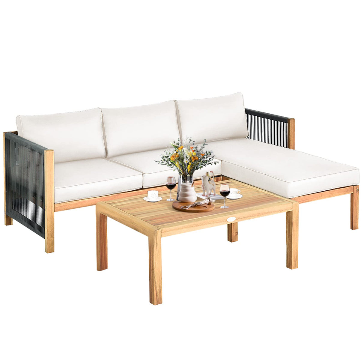 Tangkula L Shape Outdoor Furniture Set, 3 Piece Acacia Wood Patio Conversation Set, with 2 loveseats and Coffee Table, Garden Backyard Poolside Patio Seating Set (White) Tangkula