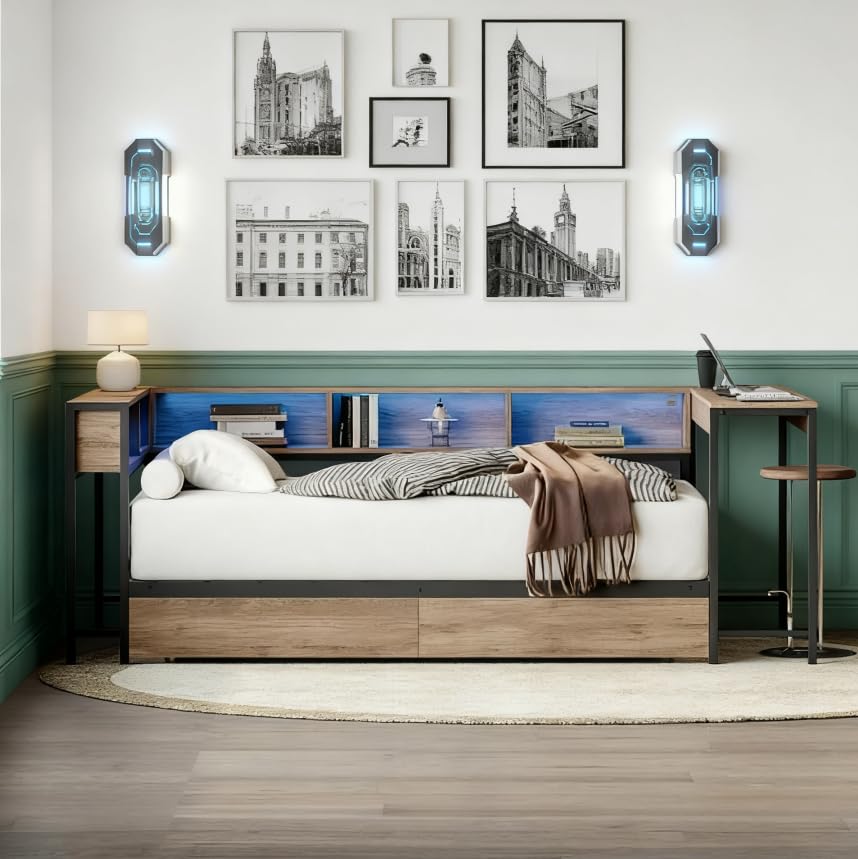 Bellemave Full Corner Bed Frame with Desk and Storage, Full Size Captains Bed with Charging Station and LED Light, Wood Daybeds with L-Shaped Bookcase and 2 Drawers, Grey Bellemave