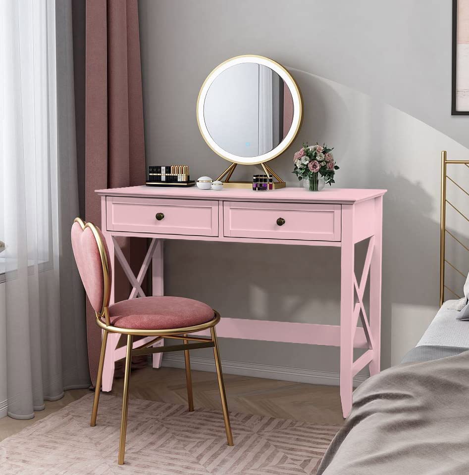 Lewahom Writing Computer Desk with Drawers, Cute Modern Table for Bedrooms, Pink Vanity Table Office Desk with Drawers, Home Computer Desk for Girls Living Room Entryway, Pink Lewahom