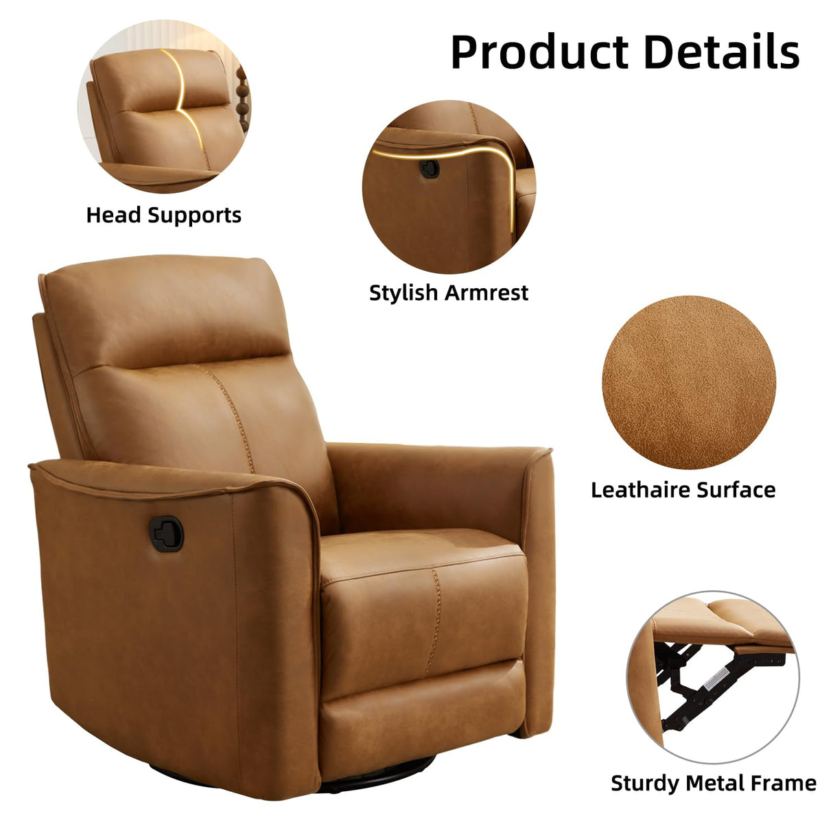CANMOV Swivel Rocker Recliner, Glider Rocking Chair, Nursing Chairs Swivel Glider Recliners with Soft Backrest, Leathaire Manual Reclining Sofa for Living Room Bedroom Apartment, Brown CANMOV