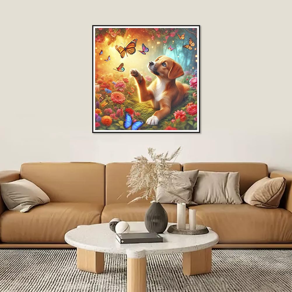 WSLWXSHM Diamond Painting Kits for Adults Dog, Butterfly Round Full Drill Diamond Art Kits, 5D DIY Paint with Diamonds Crafts for Home Wall Decoration Gifts 12×12Inch, Animal WSLWXSHM