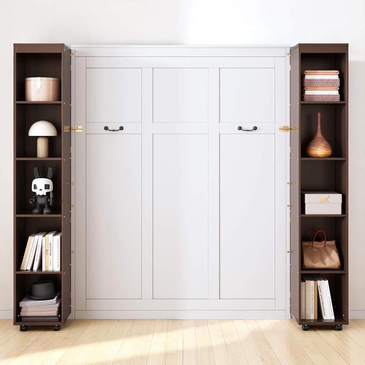 Foldable Hidden Queen Murphy Bed Cabinet with Storage Bookshelf Bookcase, Wood White Murphy Wall Bed with Storage Shelves for Adults (Espresso) MERITLINE