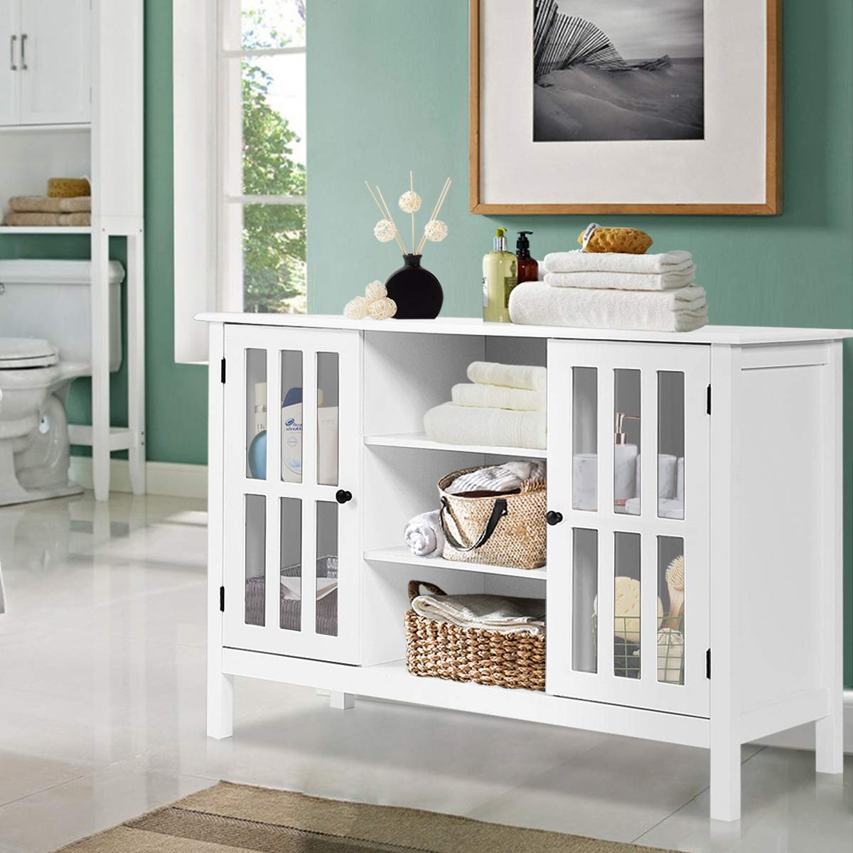 Tangkula White TV Stand, Modern Tall Entertainment Center for TVs up to 50", Media Console w/2 Storage Cabinets & 3 Open Shelves, Wire Hole, Wood TV Console Table for Living Room, White Tangkula