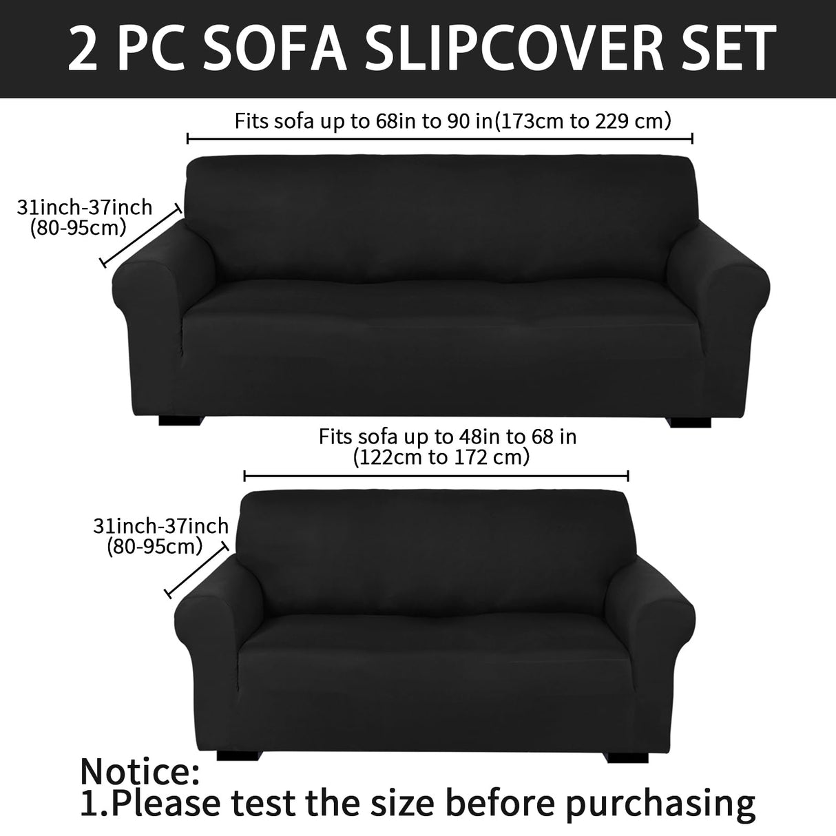 Peryiter 2 Pcs Loveseat Covers Slipcover Set for Couch Furniture Covers for Living Room Sofa Arm Chair, Form Fit Stretch, Wrinkle Proof, Furniture Protector(Black,Milk Silk) Peryiter