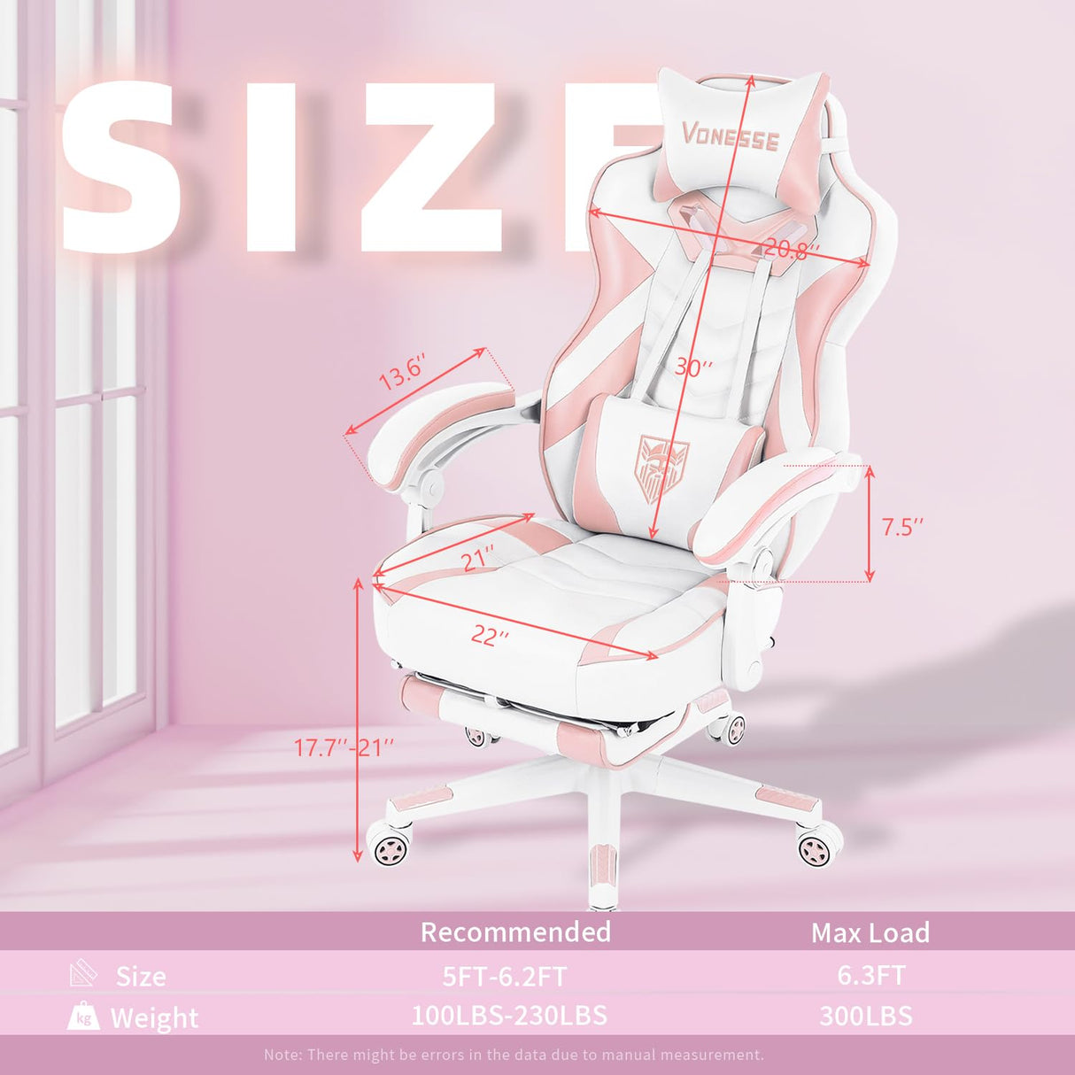 Vonesse Pink Gaming Chair for Adults,Girls Computer Chair with High Back,Big and Tall Gaming Chairs with Footrest and Massage,Reclining Gamer Chair(White/Pink) Vonesse