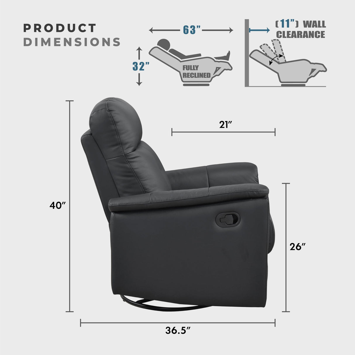 Lexicon Swivel Glider Recliner Chair, Comfy Nursery Glider, Top Grain Leather Match Recliner, Manual Reclining Chair for Living Room/Office/Apartment, Black Lexicon