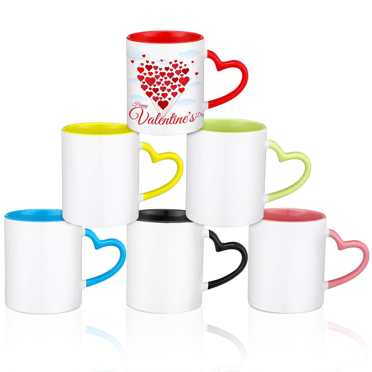Mifoci 6 Pack Sublimation Mugs for Christmas Bulk, 11 oz Blanks Sublimation Coffee Mugs with Heart Handle White Ceramic Coffee Cup for Christmas Thanksgivng Employees Gifts(Multicolor) Mifoci