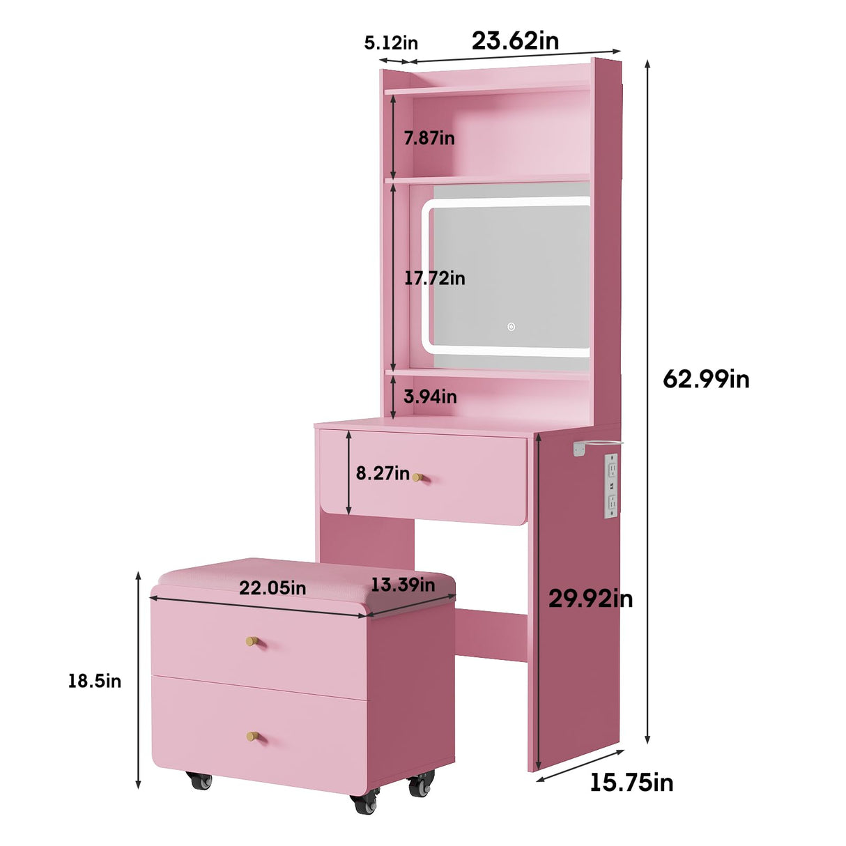 Vabches Small Vanity Desk Set with 3 Adjustable Lighted Mirror and Storage Chair, Vanity Set with Charger Station, Small Spaces Vanity Table for Bedroom,Pink Vabches