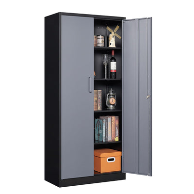 PEUKC Metal Garage Storage Cabinet, 71 Inch Tall Storage Cabinet with Adjustable Shelves & Locking Doors, Tool Cabinets for Garage,Office,Home,School,Gym Storage (Grey+Black)